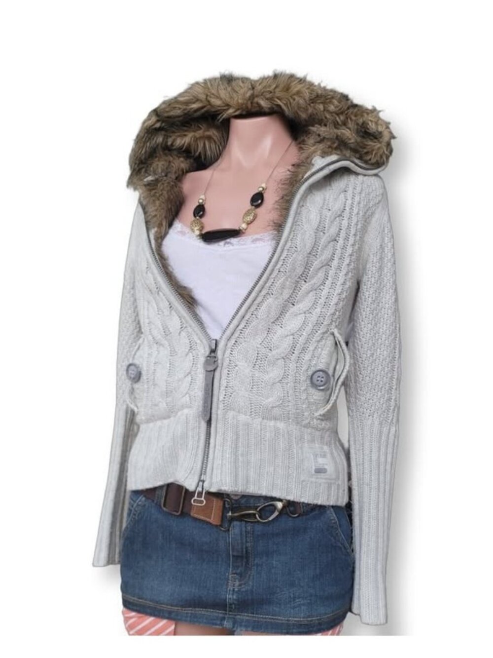 SUPERDRY 90s Vintage Fur Hood Cream Angora Knit Short Cardigan Zip Up S